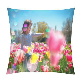 Personality  Little Beautiful Girl In Flowers Park. Tulips Garden. Pillow Covers