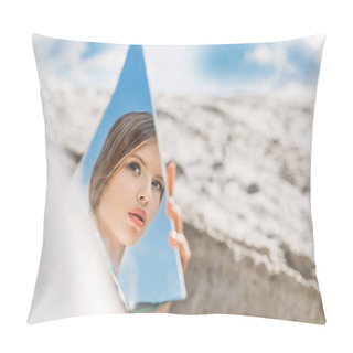 Personality  Charming Girl Holding Piece Of Mirror And Looking On Her Reflection Pillow Covers