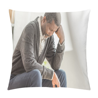 Personality  Selective Focus Of Depressed African American Man Sitting With Bowed Head Pillow Covers