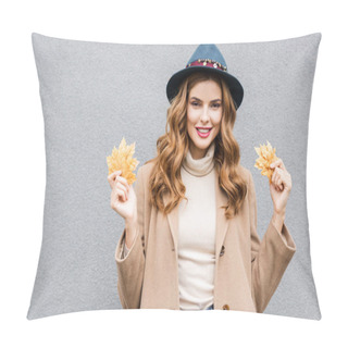 Personality  Attractive Woman In Blue Hat Looking At Camera And Holding Yellow Leaves  Pillow Covers