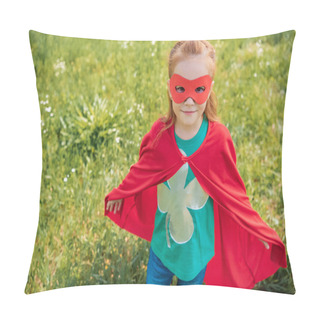 Personality  Cute Child In Red Superhero Mask And Cape Standing In Summer Field Pillow Covers