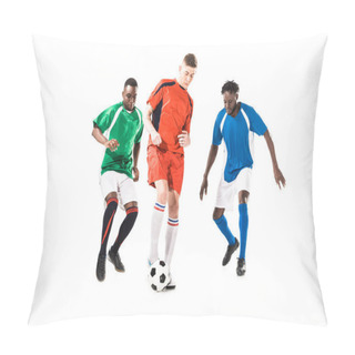 Personality  Three Multiethnic Sportsmen Playing With Soccer Ball Isolated On White Pillow Covers