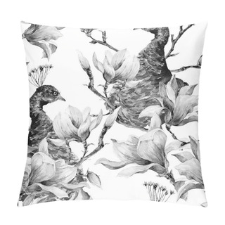 Personality  Seamless Watercolor Pattern With Pair Of Peacock, Flowers Magnol Pillow Covers