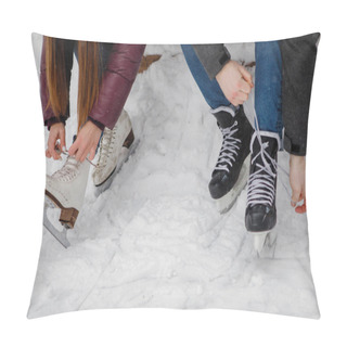 Personality  Young Guy And Girl Lace Up Skates Sitting On A Bench Near The Ice Rink In A Winter Park. Pillow Covers