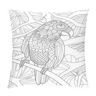 Personality  Bird Standing On Tree Branch Line Drawing With Leaves Detailed Background Coloring Book Pillow Covers