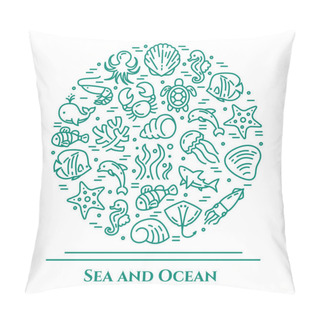 Personality  Marine Theme Aquamarine And White Banner. Pictograms Of Fish, Shell, Crab, Shark, Dolphin, Turtle, Other Sea Creatures Related Line Pictograms. Simple Silhouette. Editable Stroke Vector Illustration Pillow Covers