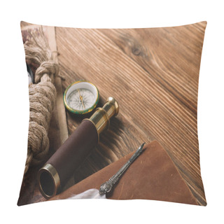 Personality  Rope Cable, Nib, Compass And Telescope On Wooden Surface Pillow Covers