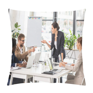 Personality  Multiethnic Businesspeople At Table With Laptops During Conference In Office Pillow Covers