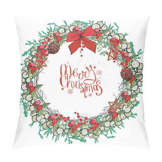 Personality  Round Christmas Festive Wreath On White Background. Pillow Covers