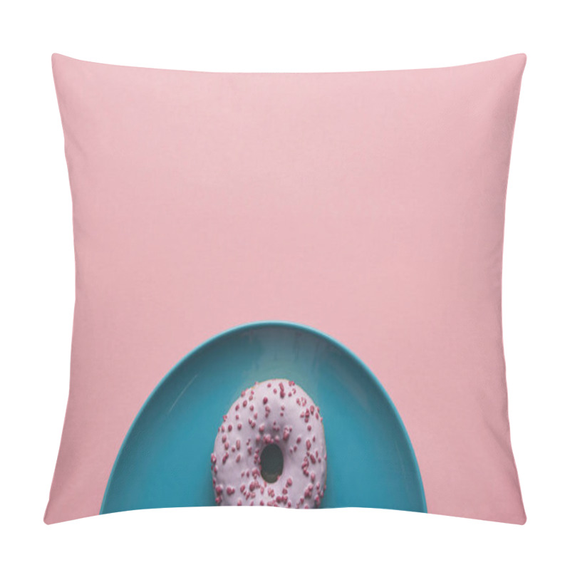 Personality  Top View Of Sweet Donut On Blue Plate Isolated On Pink  Pillow Covers