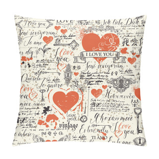 Personality  Vector Seamless Background With Hearts, Keys, Keyholes And Love Theme Letterings. Abstract Background In Retro Style With Hand Written Declarations Of Love In Different Languages And Old Manuscript. Pillow Covers