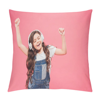 Personality  Child With Closed Eyes And Headphones Dancing Isolated On Pink Pillow Covers