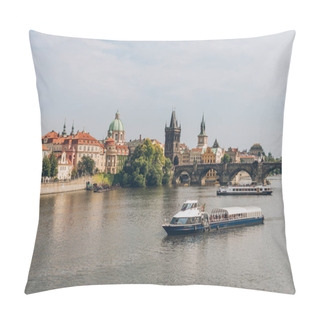 Personality  PRAGUE, CZECH REPUBLIC - JULY 23, 2018: Famous Charles Bridge And Boats On Vltava River In Prague, Czech Republic Pillow Covers