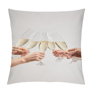 Personality  Cropped View Of Women And Men Toasting Champagne Glasses With Sparkling Wine Isolated On Grey  Pillow Covers