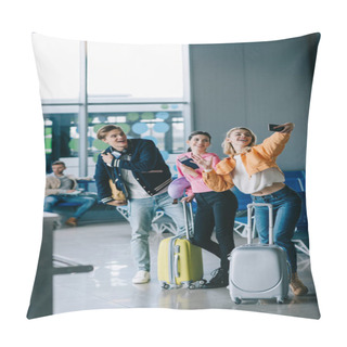 Personality  Happy Young Friends Taking Selfie With Smartphone In Airport Pillow Covers