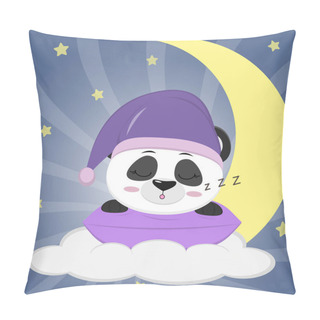 Personality  Sweet Panda In A Violet Hat For Sleeping, Sleeping On A Pillow. Lies On A Cloud And A Big Moon Against The Background Of The Night Sky. Pillow Covers