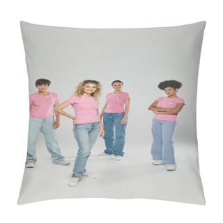 Personality  Cheerful Interracial Women Different Age Standing On Grey Backdrop, Breast Cancer Awareness, Unity Pillow Covers