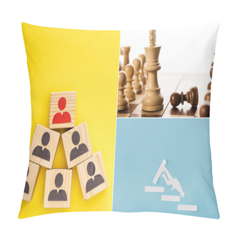 Personality  Collage of wooden cubes with painted men, paper man on stairs and king with pawns on chessboard on yellow, blue and white pillow covers