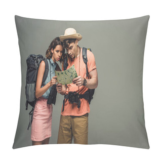 Personality  Two Young Tourists Looking At Geographic Map On Grey Background Pillow Covers
