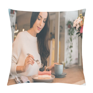 Personality  Beautiful Young Woman With Coffee Cup Eating Cheesecake At Table In Cafe Pillow Covers