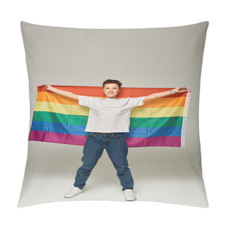 Personality  Full Length Of Redhead Bigender Person In White T-shirt And Jeans Standing With LGBT Flag On Grey Pillow Covers