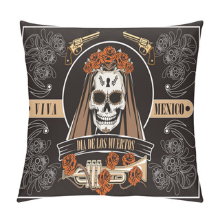 Personality  Dia De Los Muertos Celebration With Woman Skull And Trumpet In Brown Background Pillow Covers