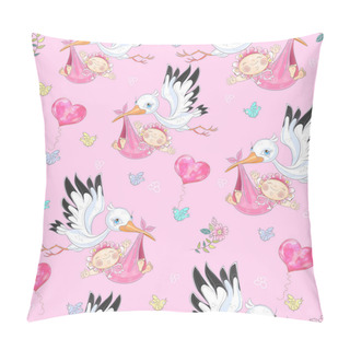Personality Seamless Background For Baby Girl's Birth. Stork With Baby Girls. Vector. Pillow Covers