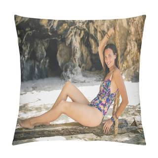 Personality  Young Happy Woman Enjoying And Relaxing At Swing At Tropical Ocean Beach. Koh Phi Phi, Thailand Pillow Covers