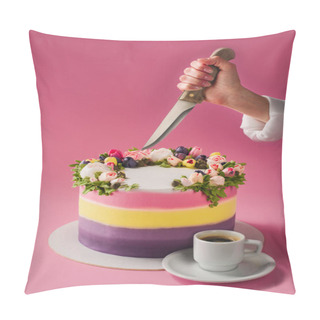 Personality  Cropped Shot Of Woman With Knife, Cup Of Coffee And Decorated Cake Isolated On Pink Pillow Covers