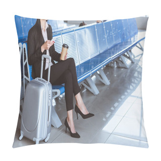 Personality  Businesswoman With Coffee To Go Using Smartphone In Departure Lounge At Airport Pillow Covers