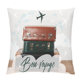 Personality  Stacked Old Leather Travel Bags With Airplanes And Bon Voyage (have A Nice Trip) Inspiration Pillow Covers