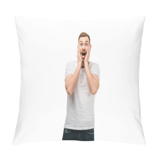 Personality  Shocked Young Man Standing With Hands On Face And Looking At Camera Isolated On White Pillow Covers