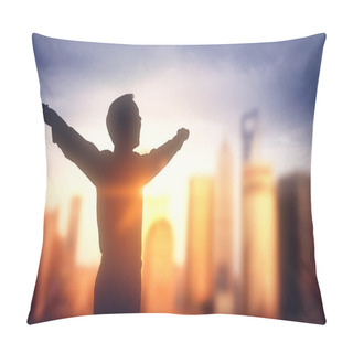 Personality  Businessman Silhouette On Blurry City Background With Sunlight. Success Concept Pillow Covers