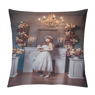 Personality  Portrait Of Happy Young Bride In A Classic Interior Near The Fireplace With Flowers. Wedding Day, Love Theme. First Day Of A New Family Pillow Covers