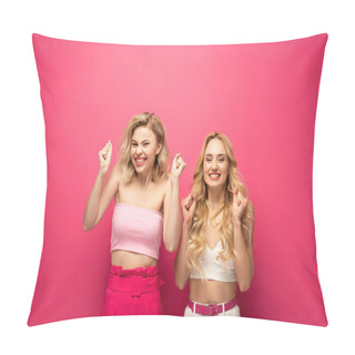 Personality  Happy Blonde Women Showing Yeah Gesture On Pink Background Pillow Covers
