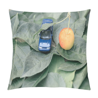 Personality  Toy Car Under A Leaf Of A Small Apple. Nature And Mechanisms Can Be Friends Pillow Covers