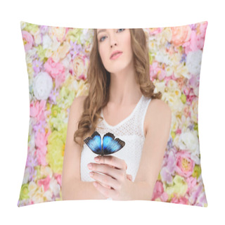 Personality  Attractive Young Woman In Floral Wreath With Butterfly On Hand Pillow Covers