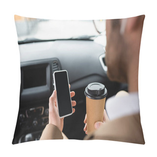 Personality  Cropped View Of Blurred Man In Glasses Holding Smartphone With Blank Screen And Paper Cup In Car  Pillow Covers