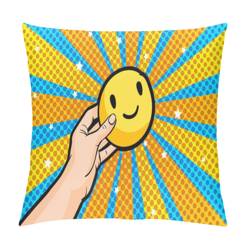 Personality  Concept of public approval. Hand holding a smail symbol. Vector illustration in pop art style. pillow covers