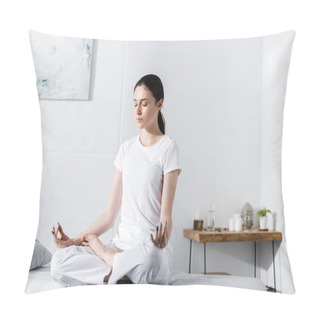 Personality  Young Woman Sitting In Lotus Pose With Closed Eyes On Massage Table Pillow Covers