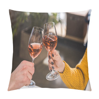 Personality  Close-up Partial View Of Couple Clinking Wine Glasses At Home Pillow Covers
