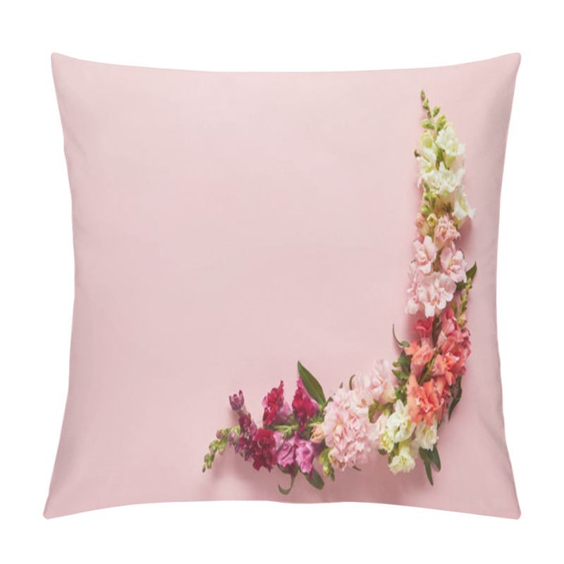 Personality  Top View Of Beautiful Tender Pink, White And Red Flowers On Pink Background   Pillow Covers