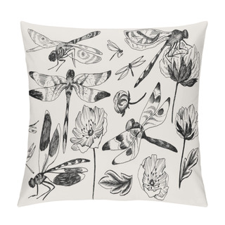 Personality  Big Set Of Vector Floral Elements With Black And White Hand Drawn Herbs, Wildflowers And Dragonfly In Sketch Style. Pillow Covers