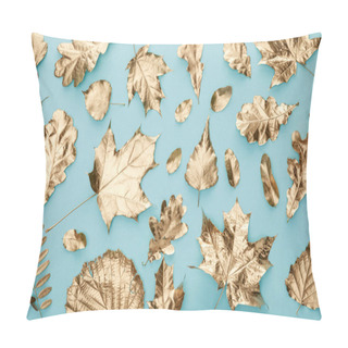 Personality  Top View Of Painted Autumnal Golden Foliage On Blue Background Pillow Covers