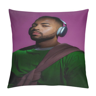 Personality  Good Looking African American Male Model In Green Sweatshirt With Headphones, Fashion Concept Pillow Covers