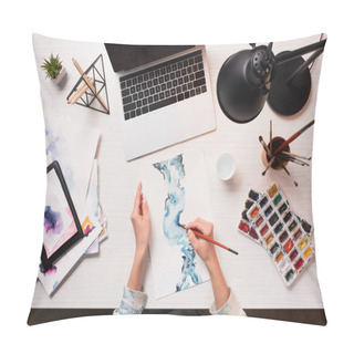 Personality  Office Desk With Laptop, Art Supplies And Cropped View Of Designer Drawing, Flat Lay Pillow Covers
