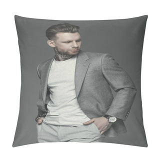 Personality  Handsome Tattooed Businessman In Grey Suit, Isolated On Grey Pillow Covers