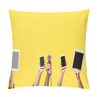 Personality  Cropped Shot Of Hands Holding Smartphones, Digital Tablets And Handset Isolated On Yellow  Pillow Covers