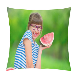 Personality  Child Eating Watermelon. Kids Eat Fruits In The Garden. Pre Teen Girl In The Garden Holding A Slice Of Water Melon. Happy Girl Kid Eating Watermelon. Girl Kid With Gasses And Teeth Braces Pillow Covers