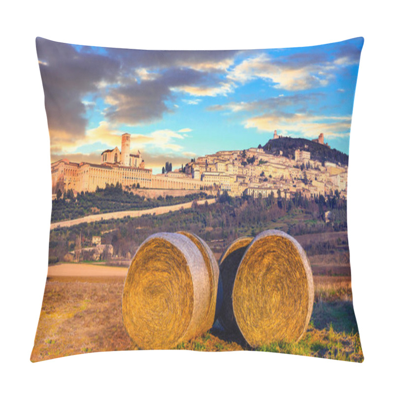 Personality  Italian countryside with hey rolls with view of impressive Assisi pillow covers